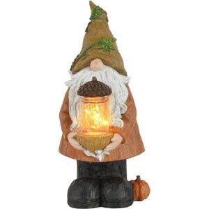 Garden Gnome Statue Autumn Harvest Gnome Figurine w Pine Cone on Hand Fall Decor